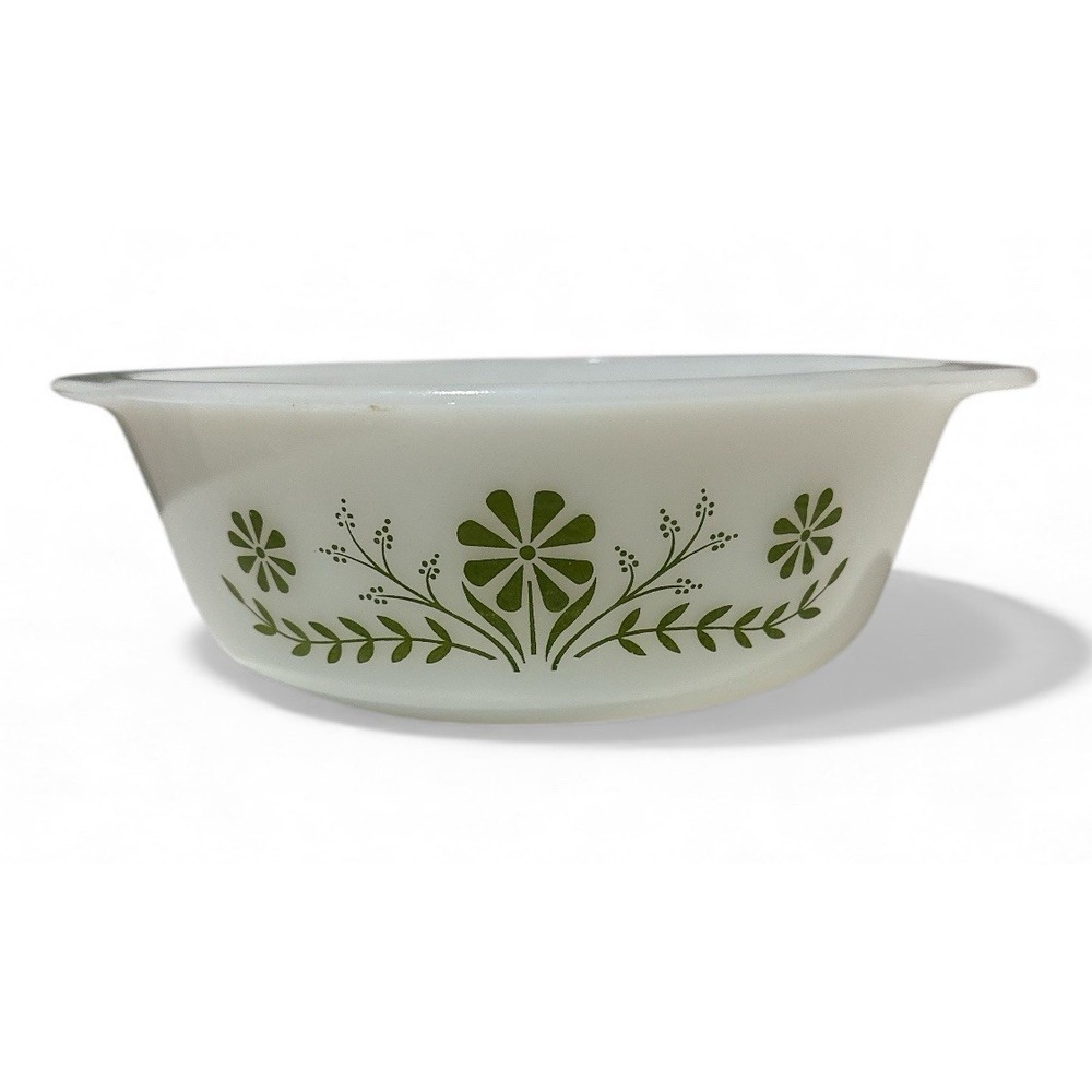 Vintage Glasbake 1.5 QT J2600 Round Green Daisy Milk Glass Casserole Dish